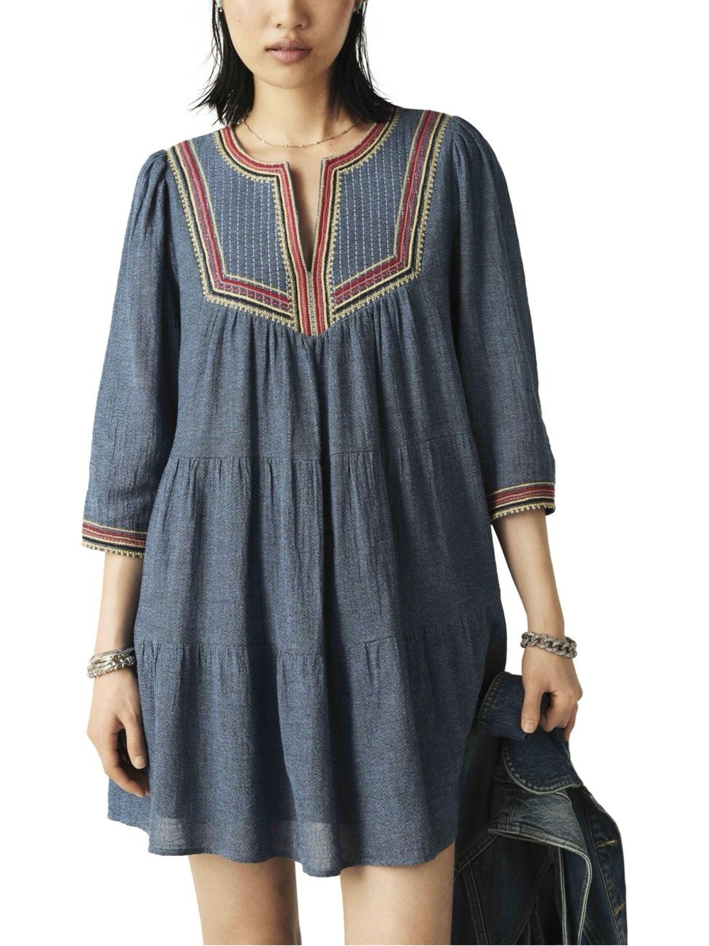 NWT ba&sh Ciana Boho Embroidered Tiered Mini Dress Blue Jeans Size 3 L